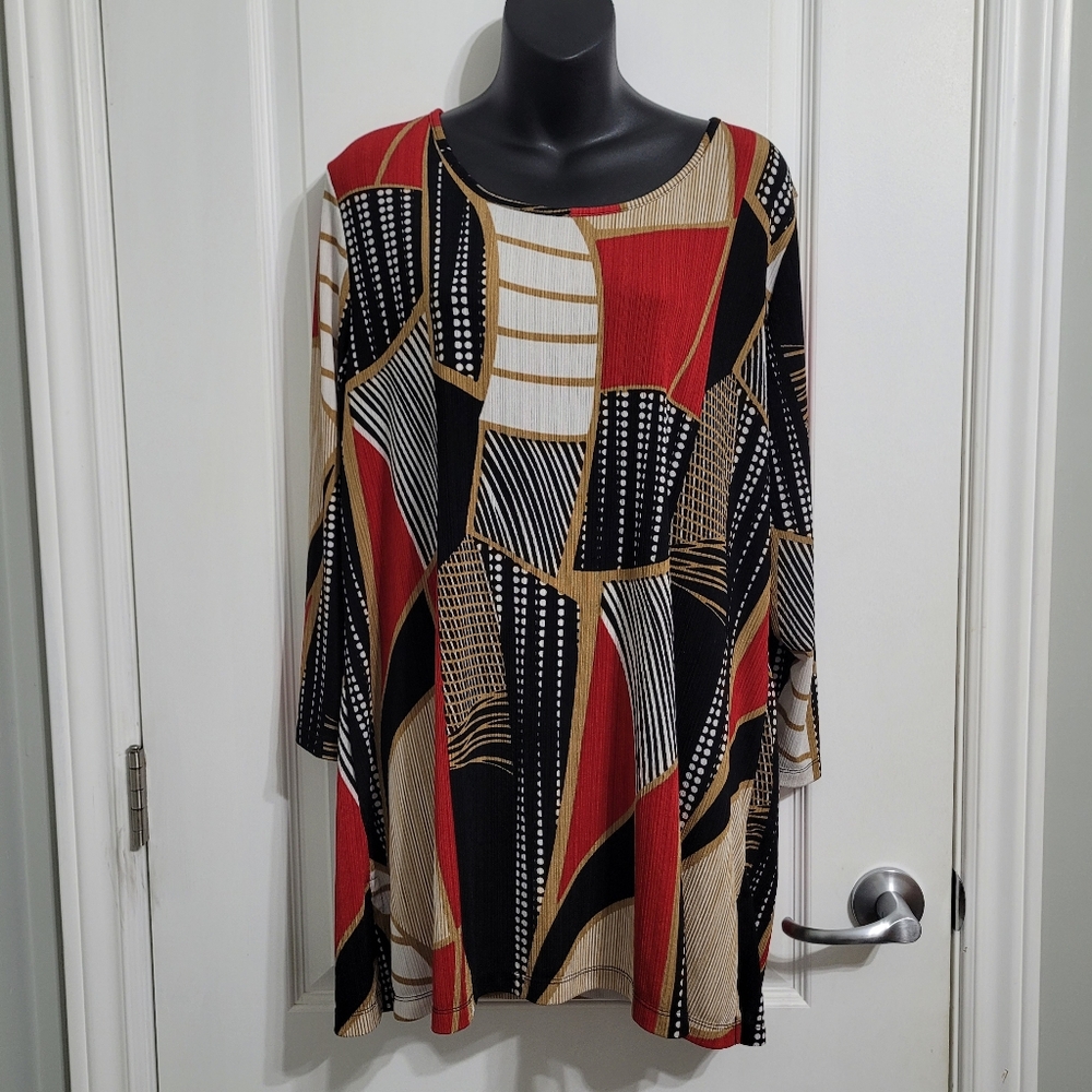 TanJay Abstract Geometric Red Black Tan Tunic Top